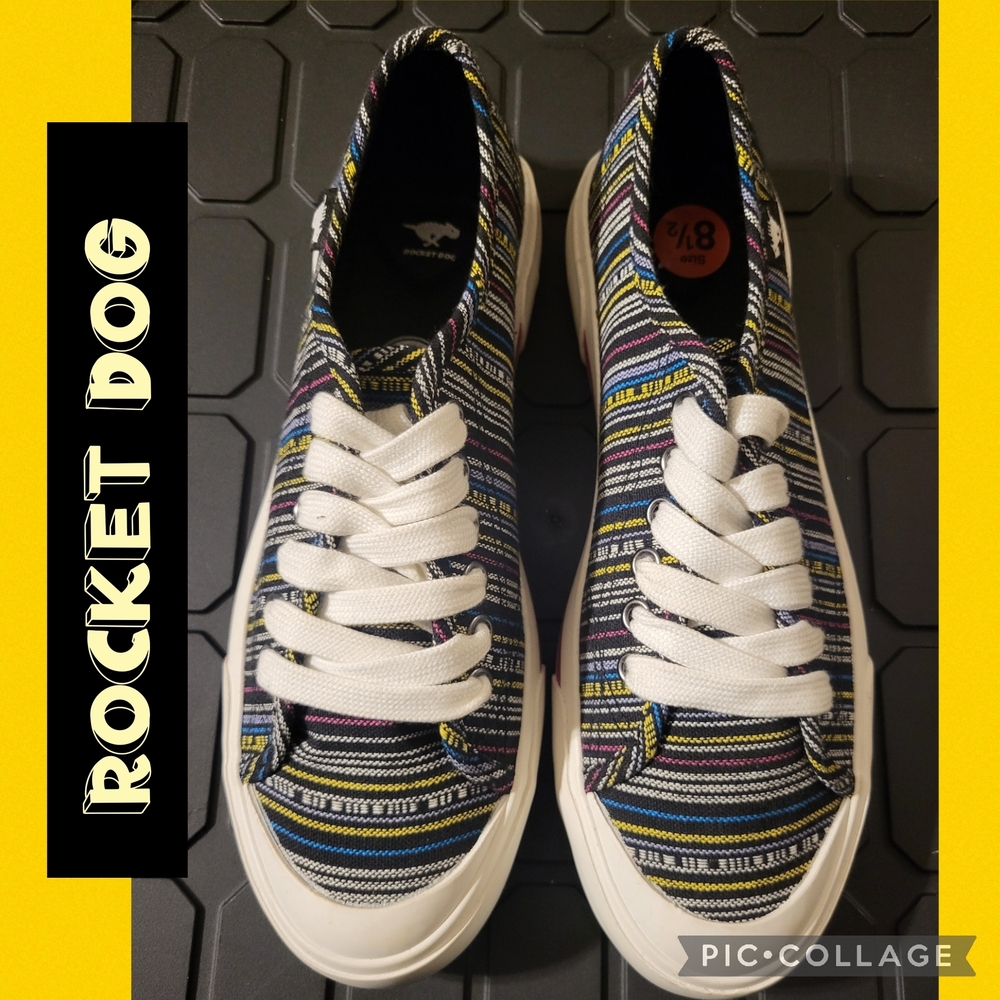 Rocket Dog Striped Canvas Sneakers in Blue, Yellow, Pink, Black & Cream